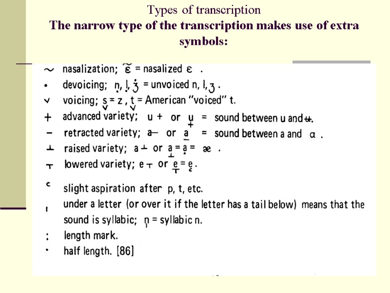 Types of transcription The narrow type of the transcription makes use of extra symbols: